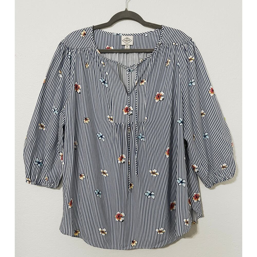 St. John's Bay Peasant Blouse Blue & White Striped Multi Colored Flowers Size 0X